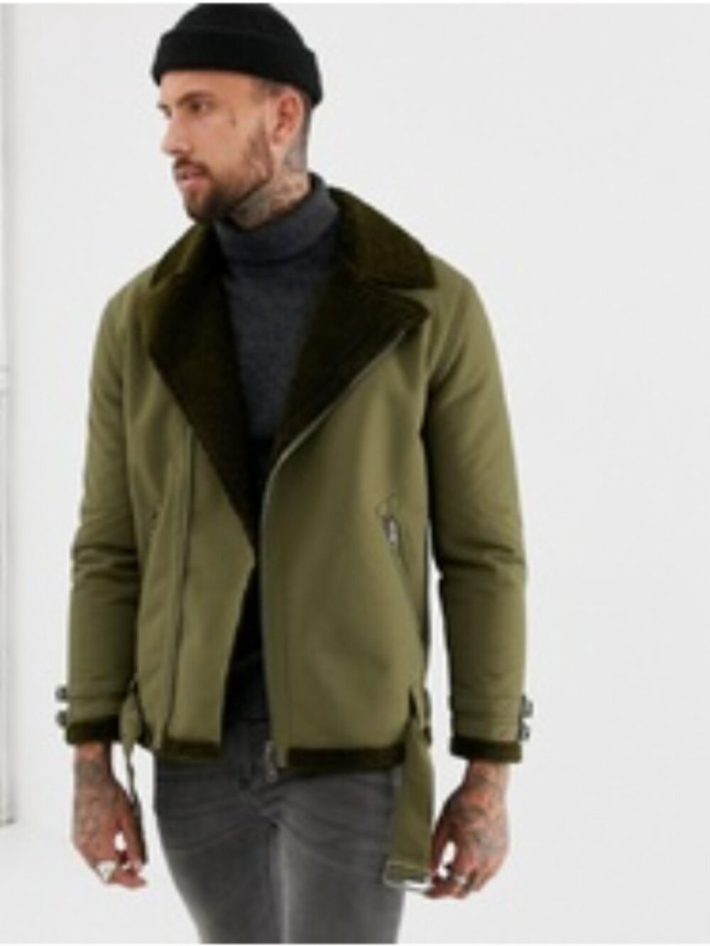 ASOS Biker Jacket Mens Medium Olive Green Faux Shearling Borg Lining Ripstop